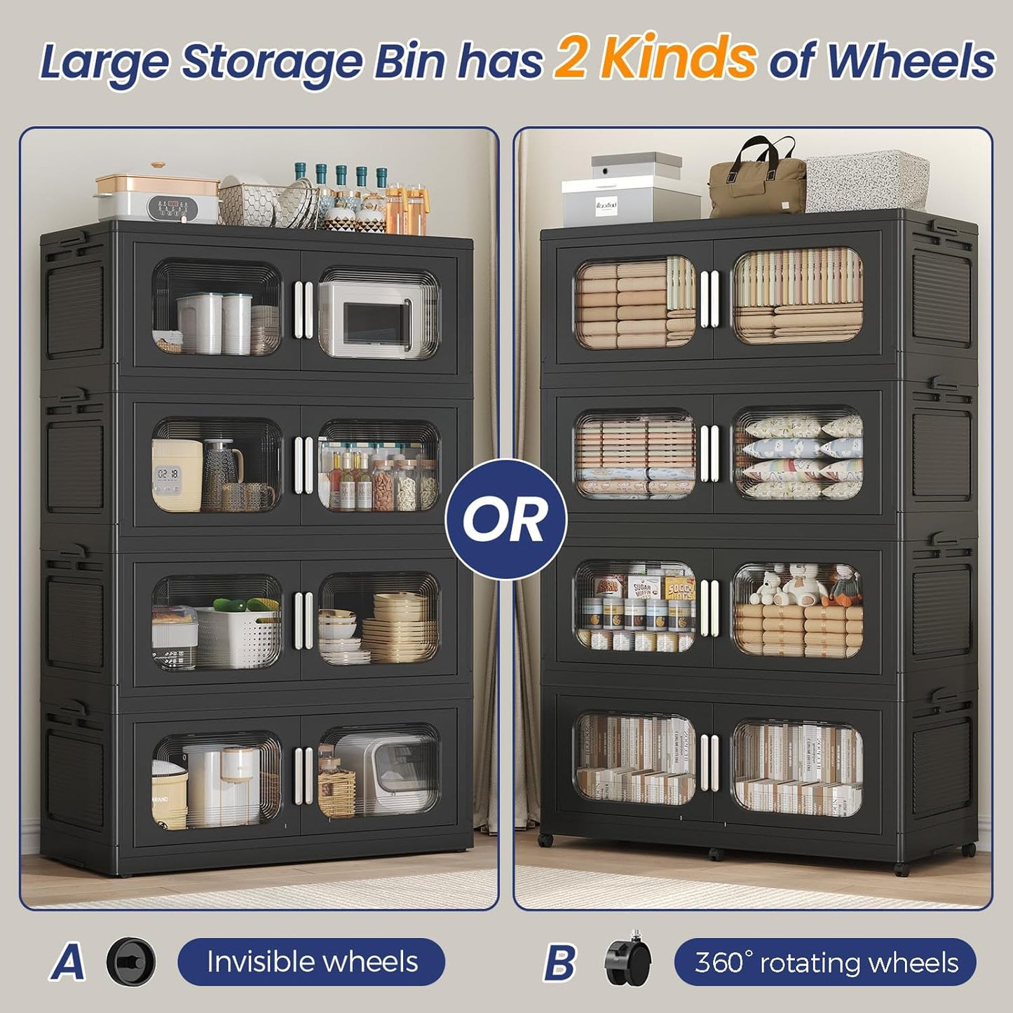 250 Gallon Extra Large Storage Bin with Lid and Wheels, Stackable Collapsible Plastic Storage Box with Door, Foldable Organizer for Closet, Kitchen, Office, Living Room, 5 Pack Black