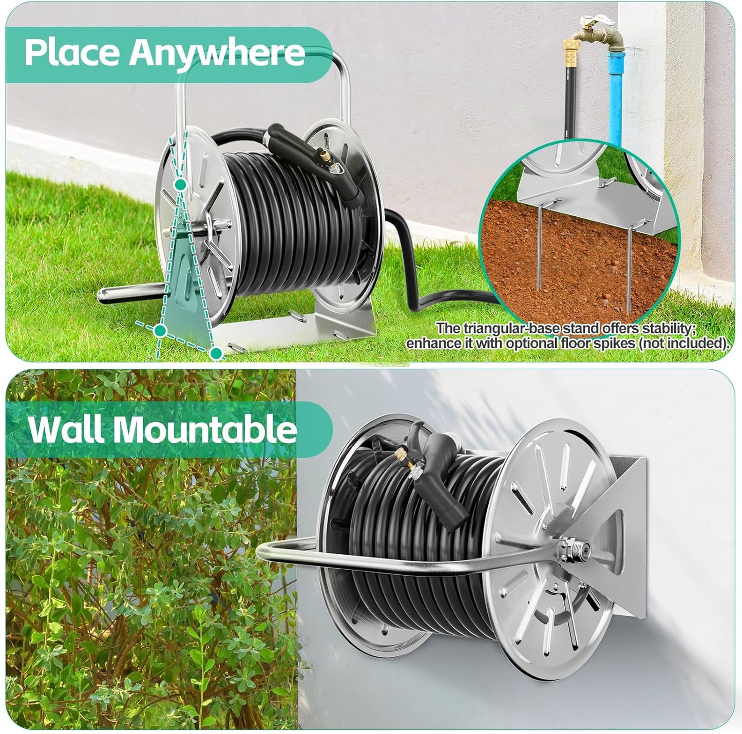SPECILITE Stainless Steel Garden Hose Reel, Portable Outdoor Metal Wall Mount/Floor Spool, Holds 5/8 Inch 75ft Capacity, with 6ft Leader Water Pipe, UV Resistant Yard, Patio