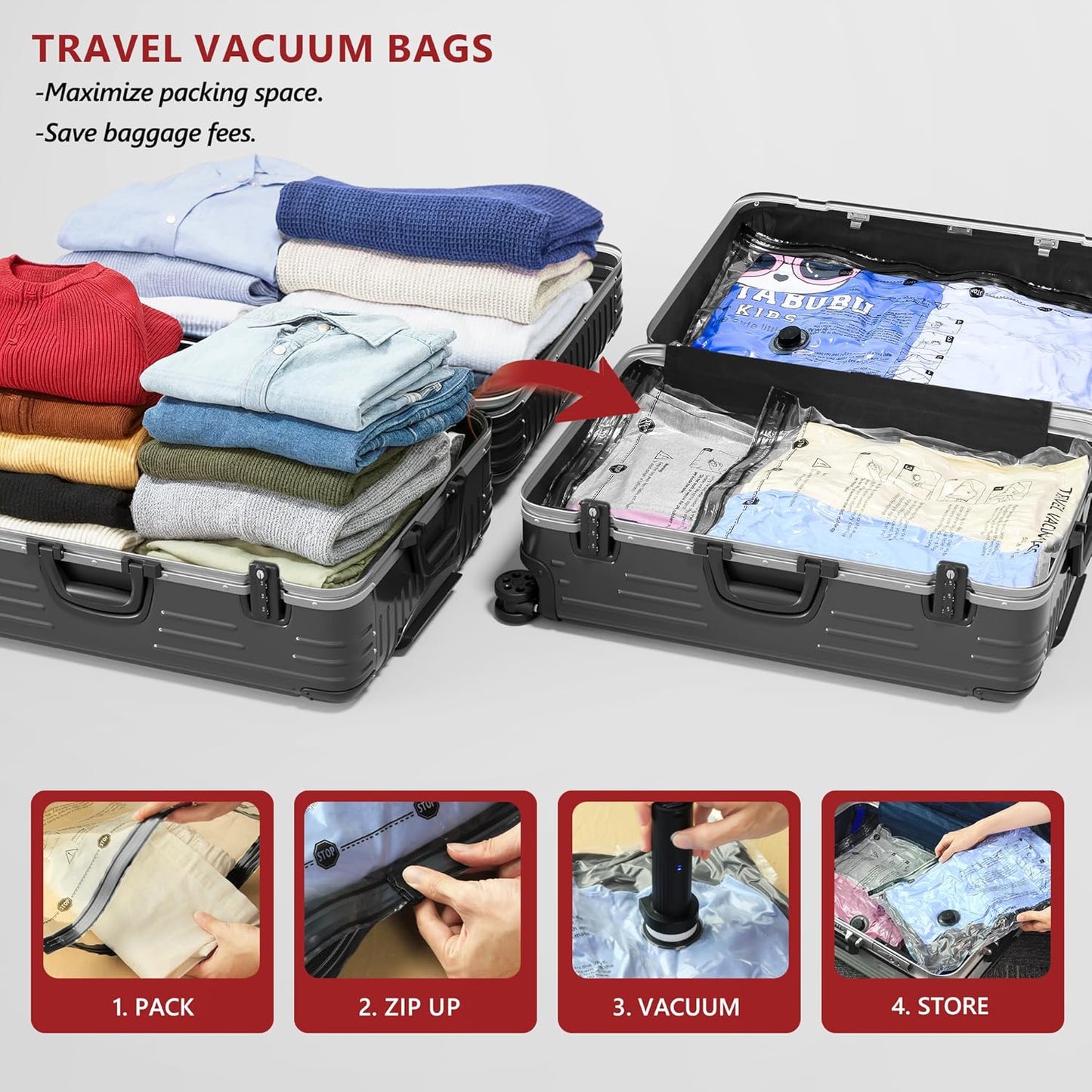 8 Large Travel Vacuum Storage Bags for Clothing with Rechargeable Electric Pump, Compression Packing Cubes Organizer for Luggage Suitcase, Space Saver Seal Bags for Vacation Cruise
