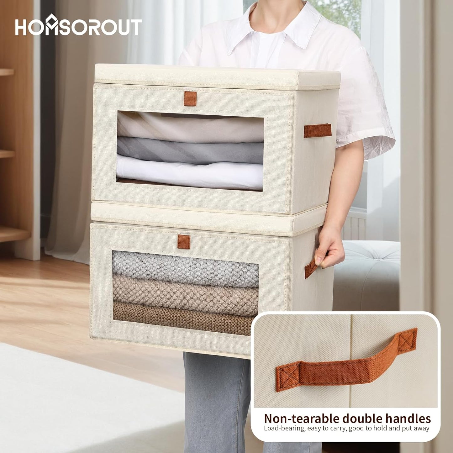 Large Closet Storage Bins - Collapsible Clothing Organizer with Handles & Window, Decorative Bin with Lids, Linen Closet Organizers for Living Room, Dorm, 6 Pack, Beige