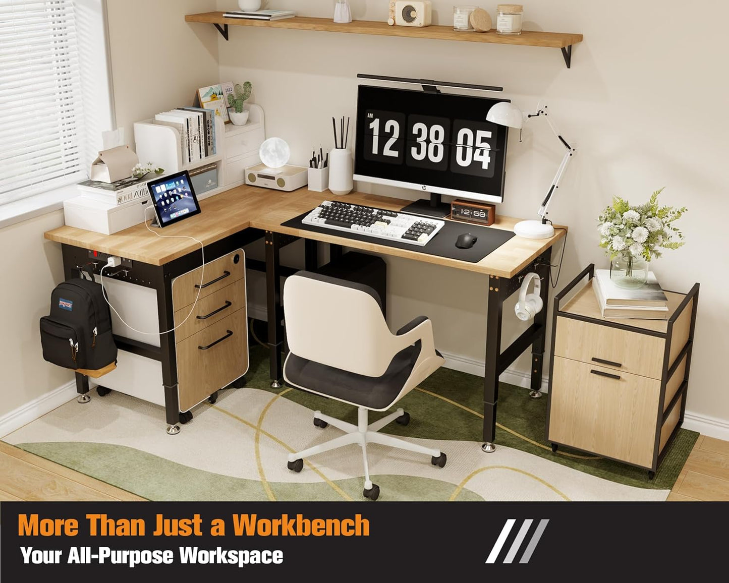 SPECRAFT Adjustable Heavy Duty Workbench with 4 AC Outlet and 2 USB Ports Power Outlets, 2000 Lbs Capacity, Rubber Wood Top for Garage, Workshop, Office