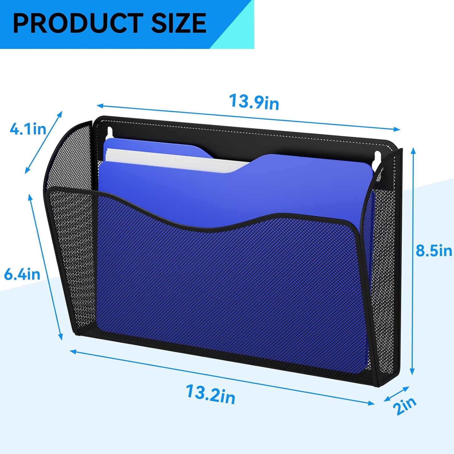 6 Single Pocket Wall File Holder, Mesh Hanging File Folder Paper Organizer, Vertical Wall Mounted Mail Basket, Storage Organization Magazine Rack for Office, Home and School, Black