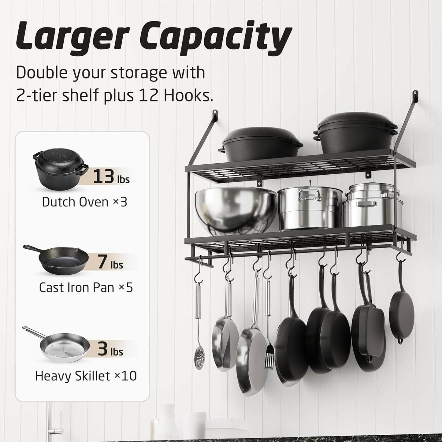 KES 30-Inch Kitchen Pot Rack - Mounted Hanging Rack for Kitchen Storage and Organization - Matte Black 2-Tier Wall Shelf with Guard Rail for Pots and Pans Organizer with 12 Hooks - KUR215S75B-BK