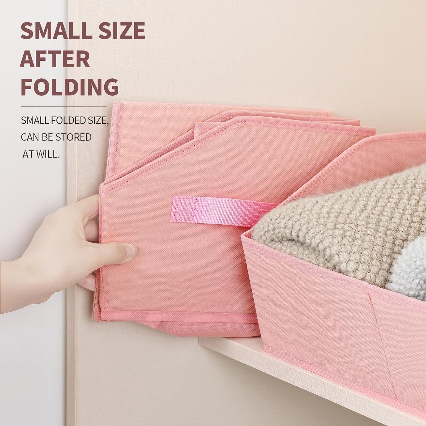 Storage Bins for Shelves - Small Trapezoid Closet Shelf Organizer, Fabric Organization Bins with Handles, Storage Baskets for Clothes, Towel, Purse, 4 Pack, Pink