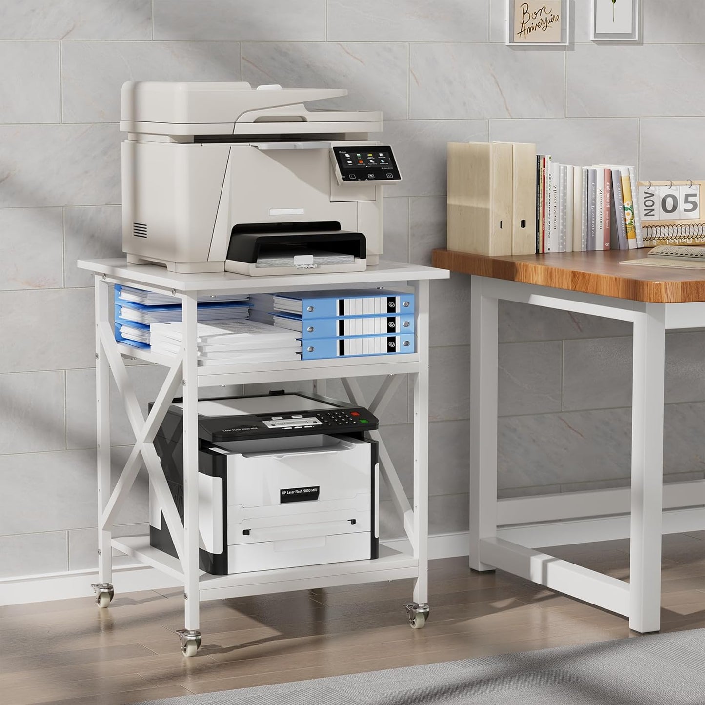 Ollieroo 3 Tier Printer Stand, Large Table with Wheels, Rolling Cart with Height Adjustable Middle Storage Shelf, 23.6 x 23.6 x 30.3 Inches Shelf for Home Office, White