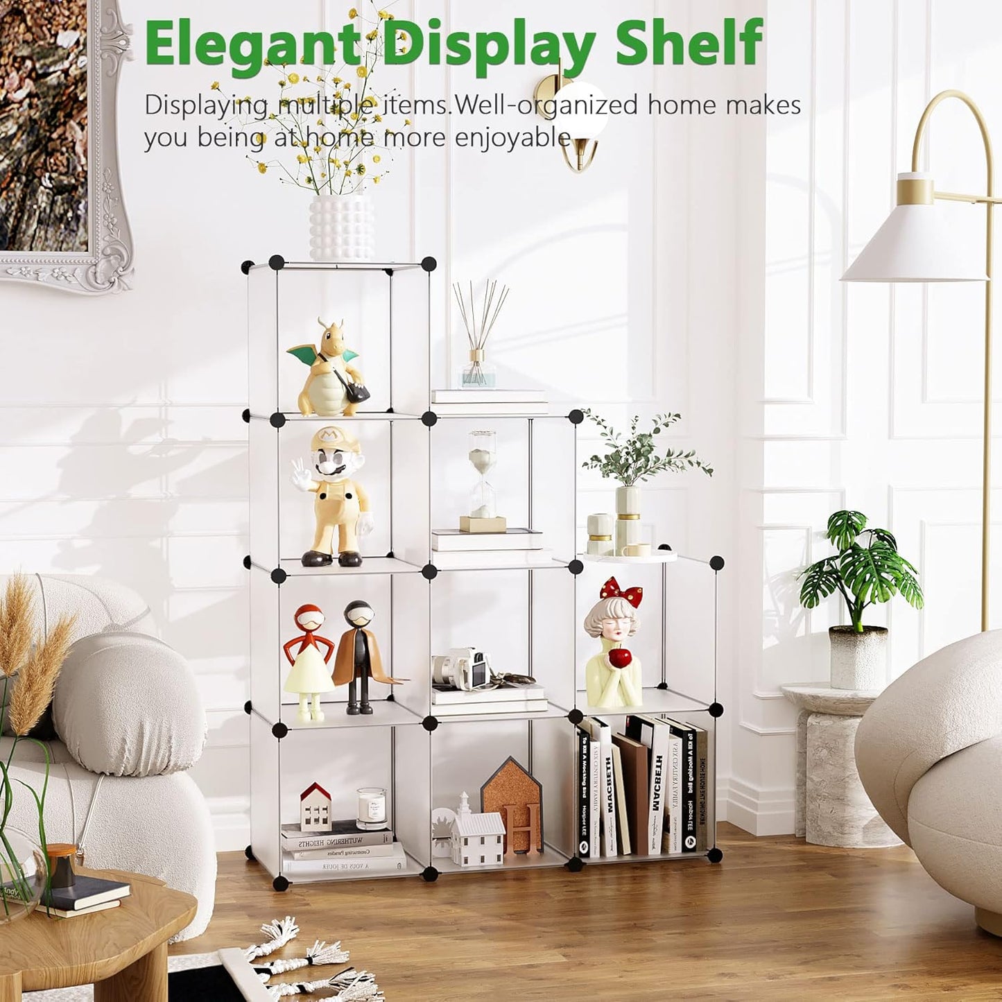C&AHOME Cube Storage, 9-Cube Plastic Closet Cabinet Organizer, DIY Stackable Bookshelf, Modular shelving Units Ideal for Home, Office, Kids Room, 36.6"L x 12.4" W x 48.4" H Translucent White SBTM3009A
