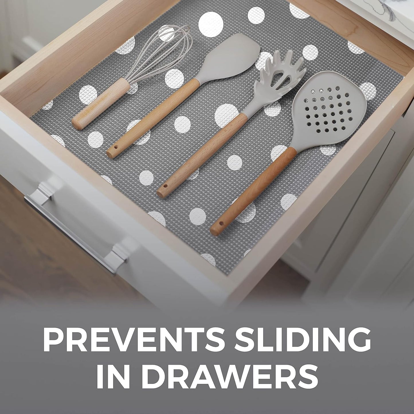 HOME GENIE Shelf Drawer and Cabinet Liner, Durable with Strong Grip, 17.5 in x 20 FT, Non Adhesive Liners Protect Kitchen Cabinets and Cupboard, Bathroom Drawers and Shelves, Desks, Dots Gray White