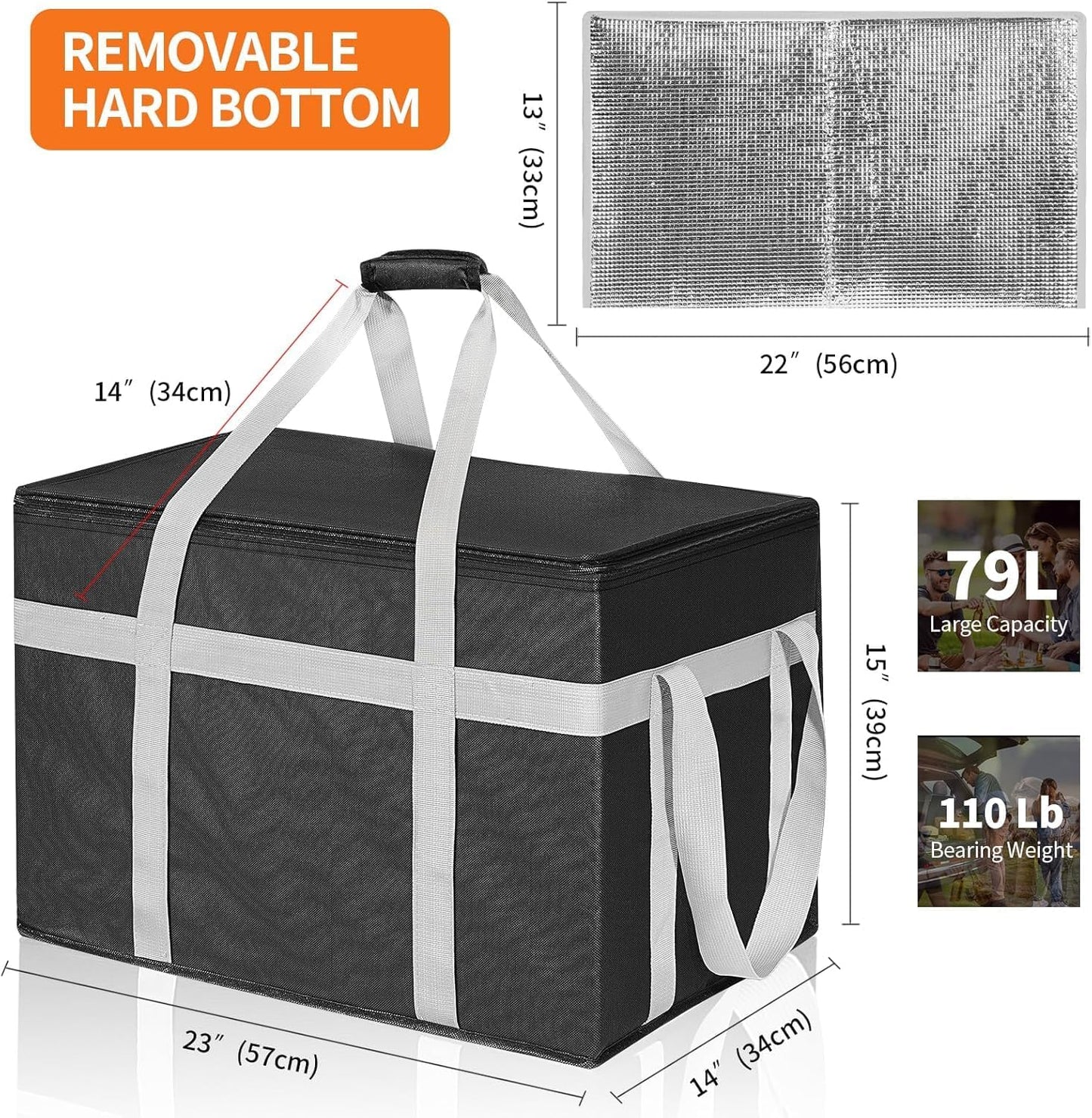 XXXL 2 Pack Insulated Food Delivery Bag with Removable Hard Bottom, Reusable Insulated Grocery Bag for Hot and Cold Food, Catering Cooler for Doordash,Warmers, Parties (Black)