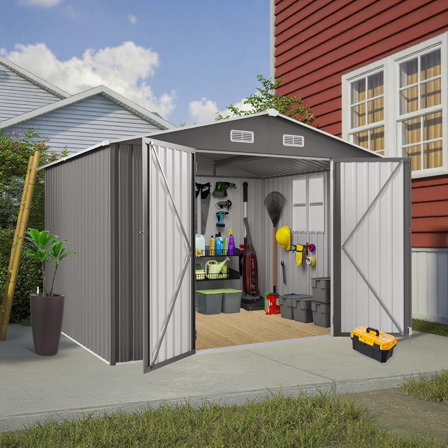 Metal Storage Shed, 10 X 8 FT Lockable Outdoor Tool Shed with Air Vent and Clear Windows, Galvanized Steel Garden Shed for Backyard, Patio, Garden, Bike Storage or Outdoor Use, Grey