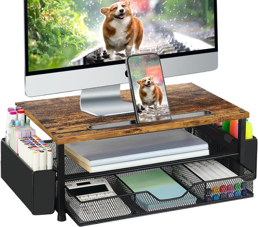 AUPSEN Wood Desk Organizers and Accessories, 2-Tier Computer Monitor Stand Riser with Drawer, Pen Storage & Phone Holder, Office Desk Accessories, Workspace Desktop Organization for Office Supplies（Brown）