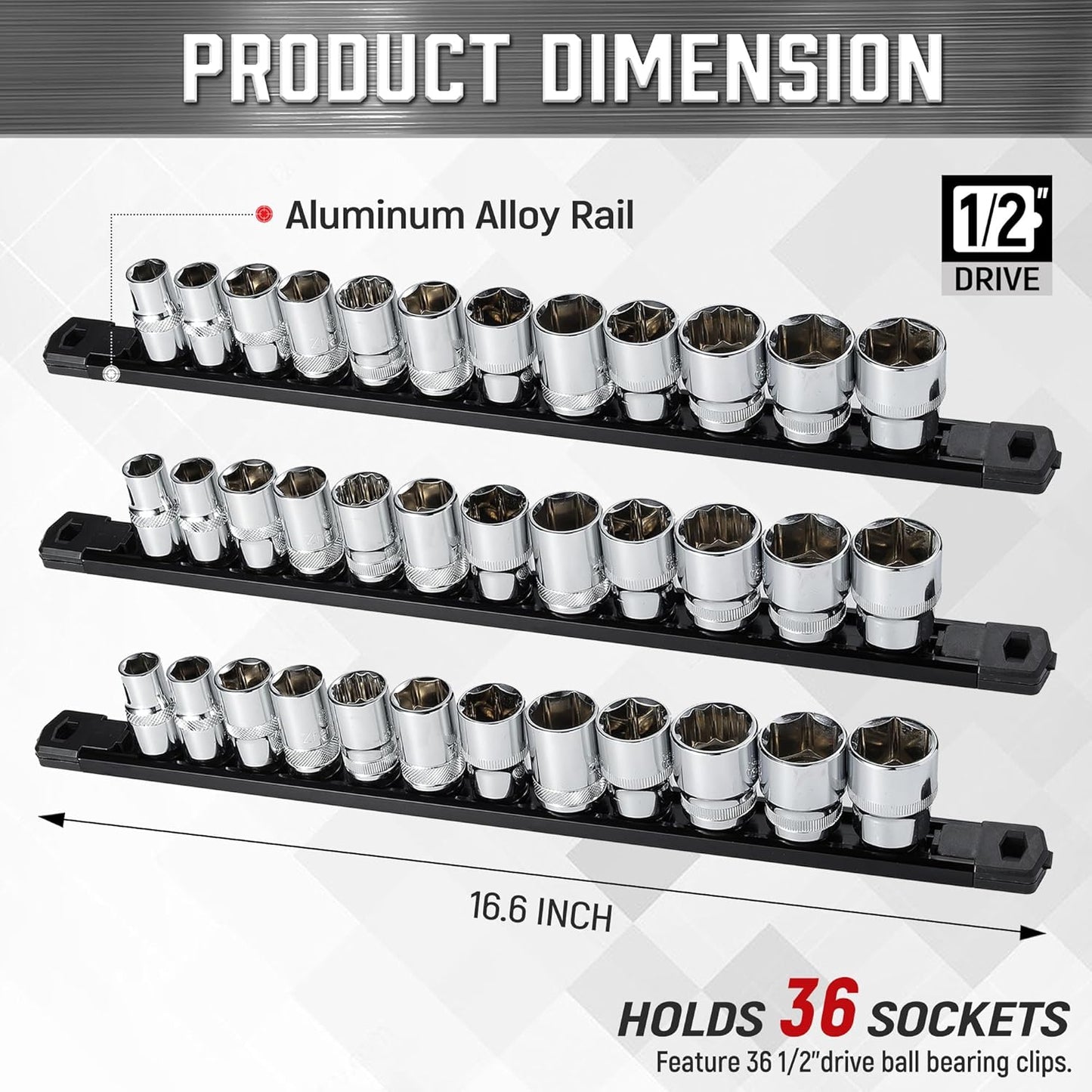 ALOANES 3-Piece Magnetic Socket Organizer, Heavy Duty Aluminum Socket Rails Organizer, 360° Swivel Clips Socket Holder Kit for Tool Box, 1/4-Inch Socket Holder x 42 Clips (Black)