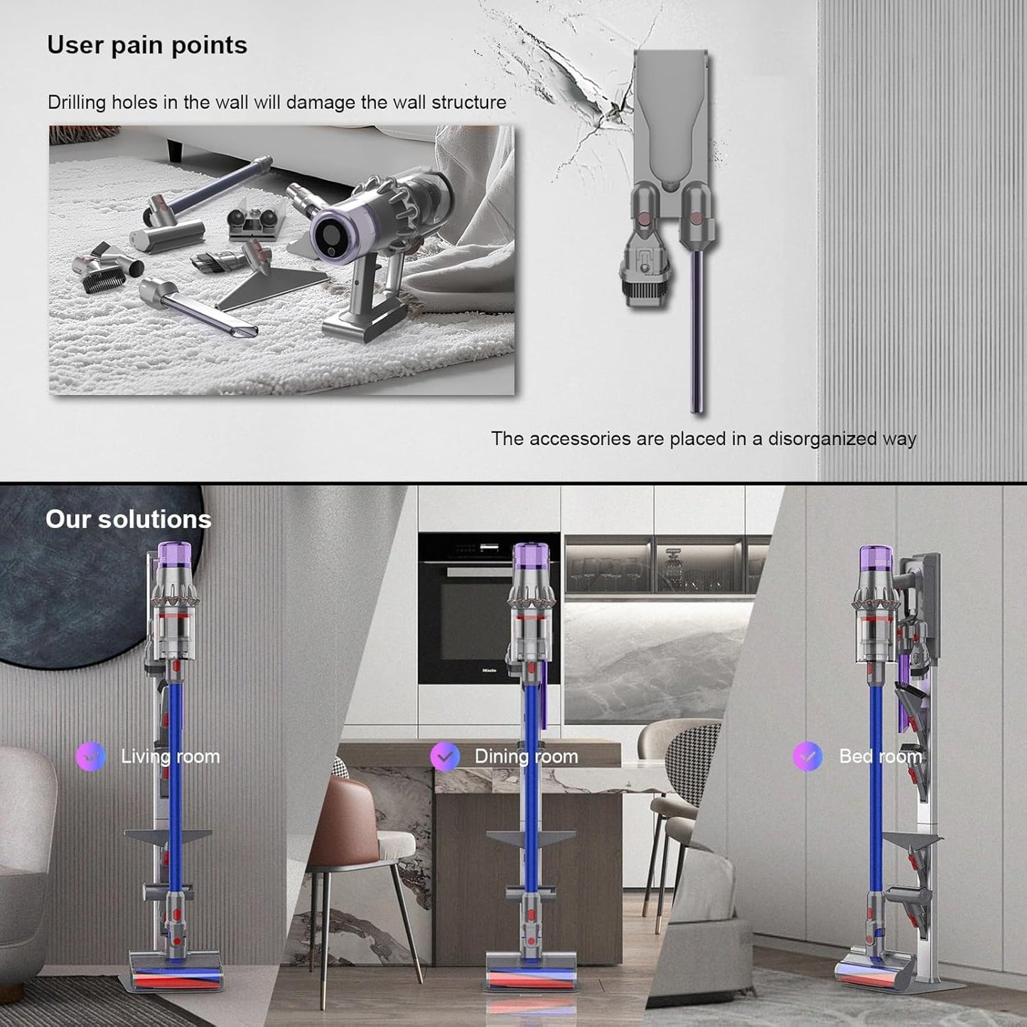 Vacuum Stand for Dyson with Foldable Storage Hooks and Heavy-Duty Carbon Steel Base, No Drill Installation, Space-Saving Organizer for All Dyson Cordless Vacuums & Accessories
