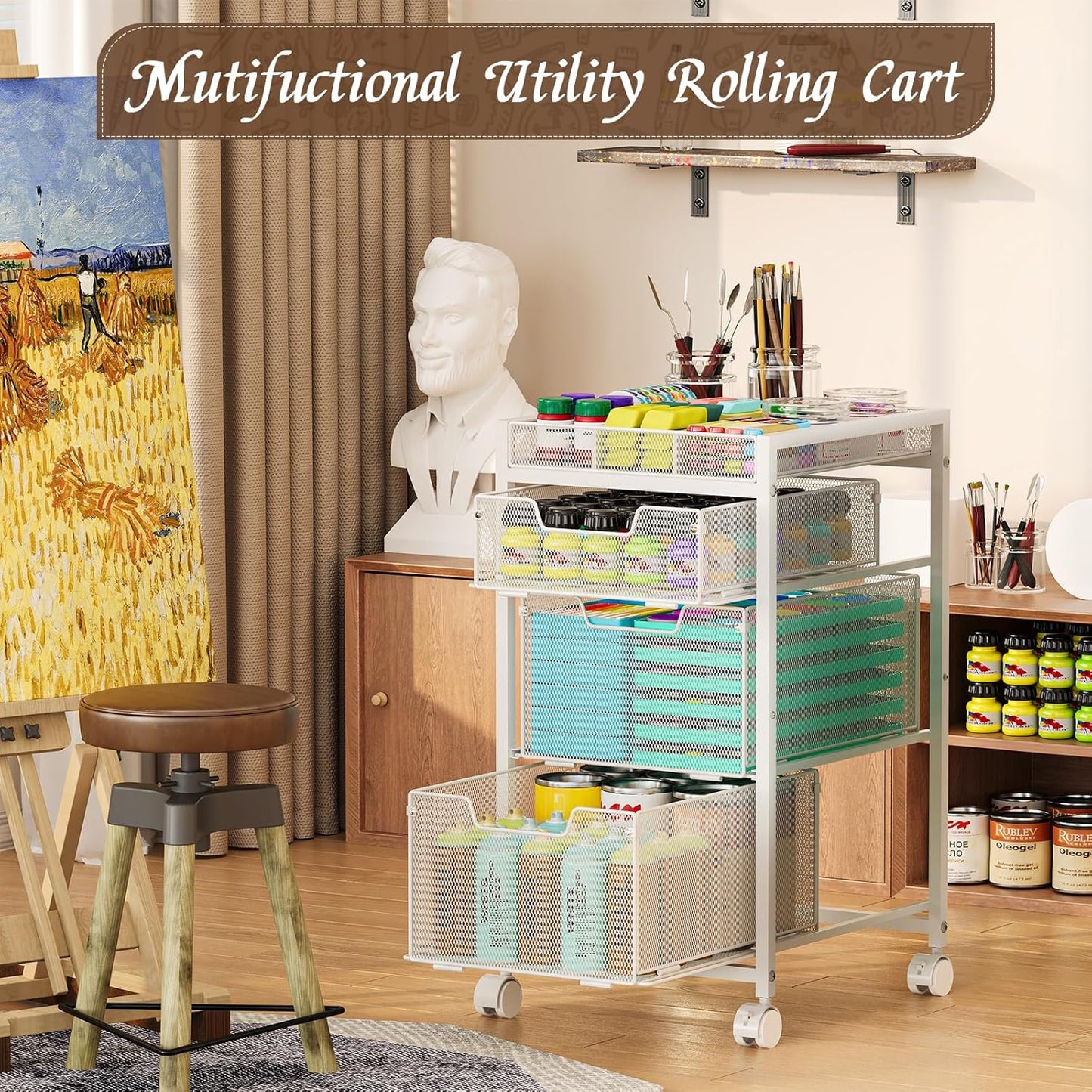 Rolling Utility Cart with 3 Drawers, Craft Organizer and Storage with DIY Divider, Lockable Wheels, Multi-Functional Storage for Art Supplies, Store for Brushes & Paints & Artifacts,White