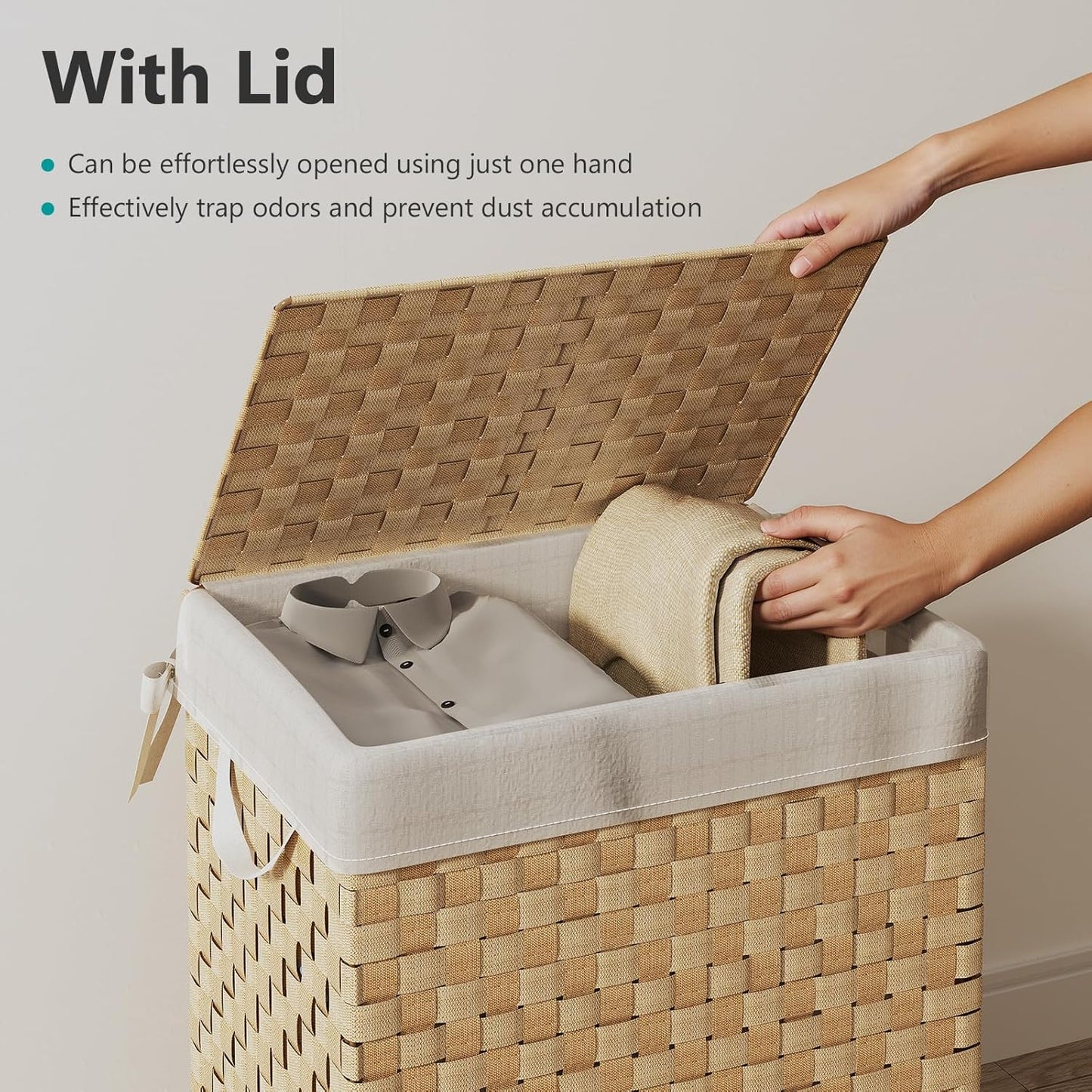 Foldable Laundry Hamper Basket with Lid by Fiona's magic, Handwoven 96L Large Clothes Hamper with Removable Liner Bags, Collapsible Tall Hamper for Bedroom, Bathroom and Dorm Organizer, Natural