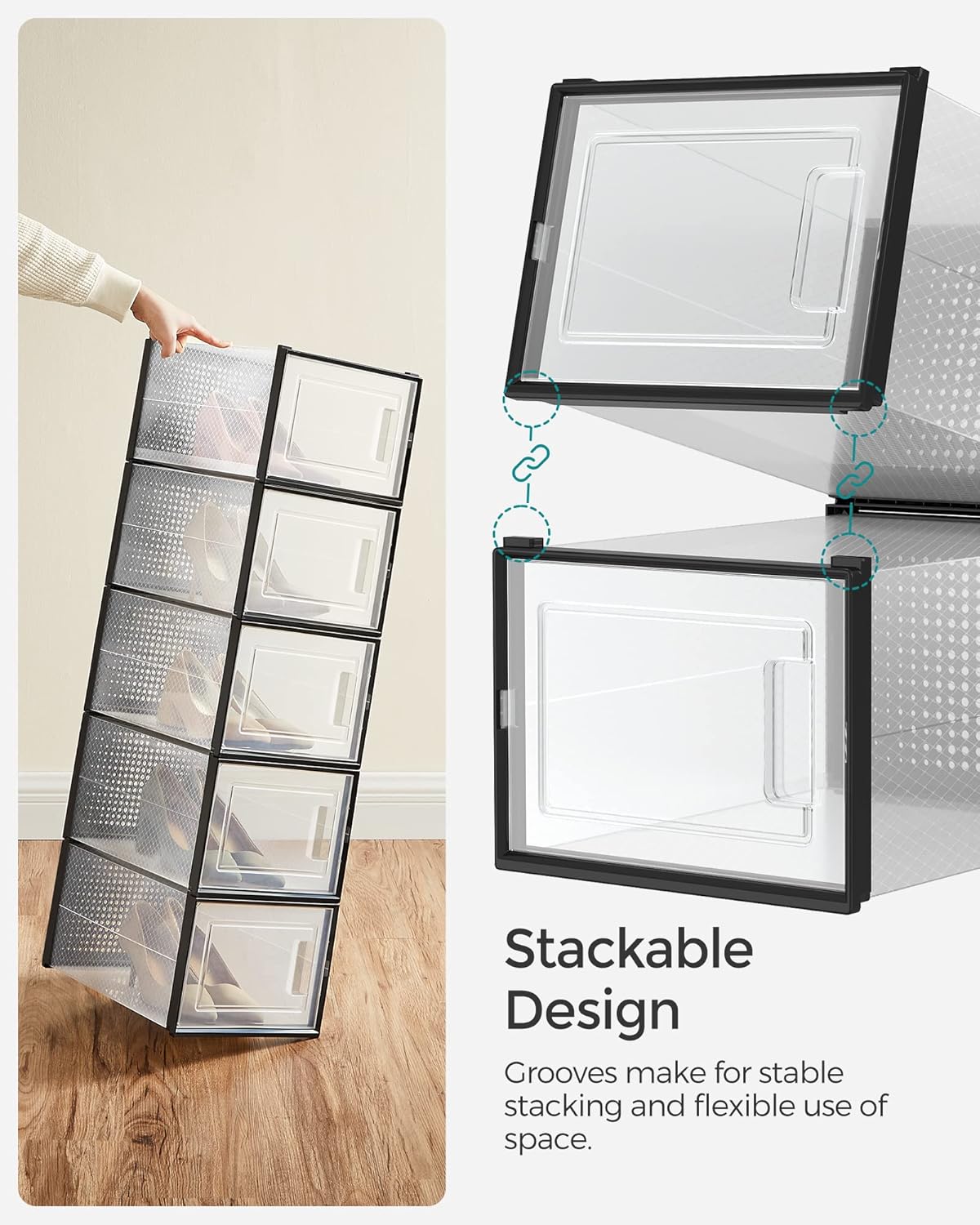 SONGMICS Shoe Boxes, Pack of 12 Shoe Storage Organizers, Stackable Clear Plastic Boxes for Closet, Sneakers, 13.7 x 9.9 x 7.4 Inches, Transparent and Black ULSP007B12