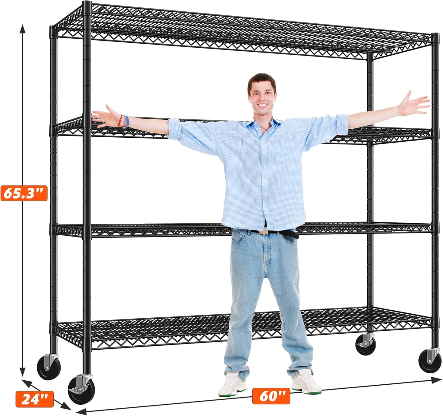 REIBII 60" W Storage Shelves 2878LBS Metal Shelving Unit with Wheels Heavy Duty Garage Shelving Adjustable Wire Shelves for Pantry,Kitchen,Garage,Basement,Business,Warehouse,School,60”W ×24”D×65.3”H