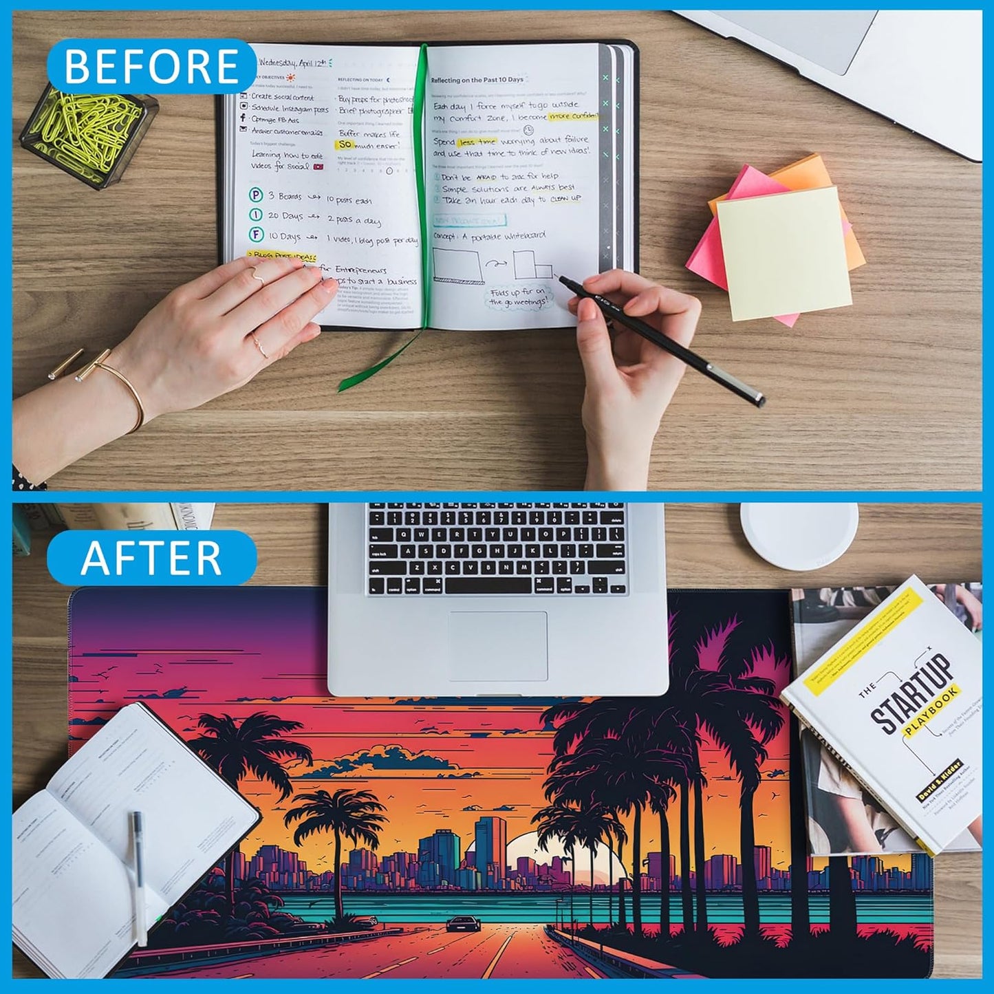 Mouse Pad,Orange Purple Miami Landscape Desk Mat for Desktop,Desk Pad with Non-Slip Base and Stitched Edge,Extended Mousepad for Office and Home 35.4X15.7 Inch