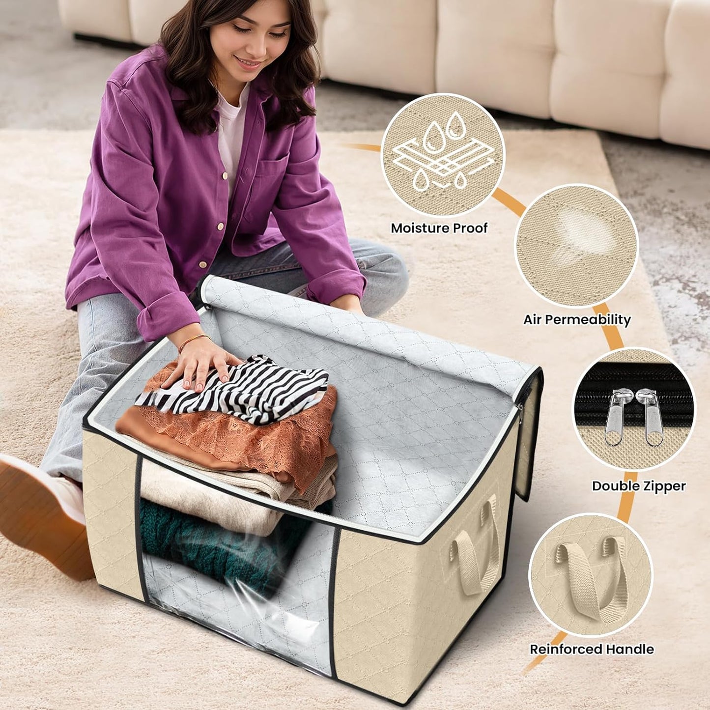 Fab totes 24 Gallons Clothes Storage, Foldable Thick Fabric Blanket Storage Bags, Containers for Organizing Bedroom, Closet, Clothing, Comforter, Organization with Handle (4 Pack,Beige)