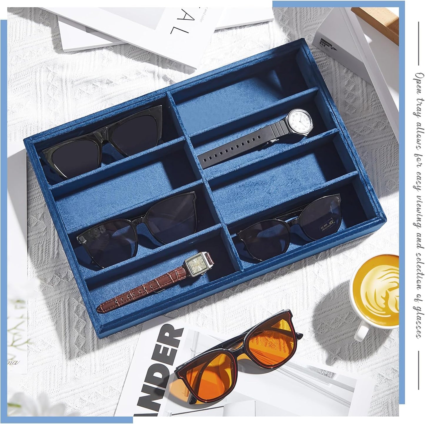 Amylove 2 Pcs Sunglass Organizer Trays Glasses Stackable Jewelry Trays Sunglass Organizer Display Box(8 Grids,Navy Blue)