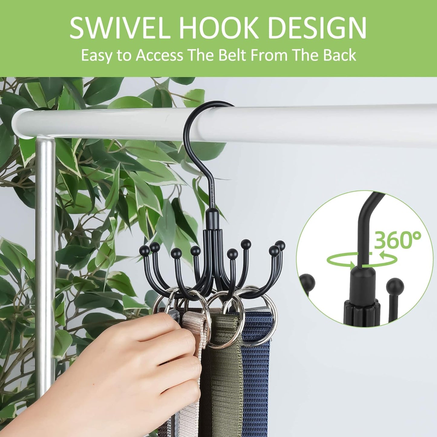Belt Hanger, 2 Pack Rotatable Belt Organizer for Closet, Accessories Rack, Space Saving Hanging Holder Storage Hook for Belt, Tie, Scarf, Purse, Bra, Tank Top, Black