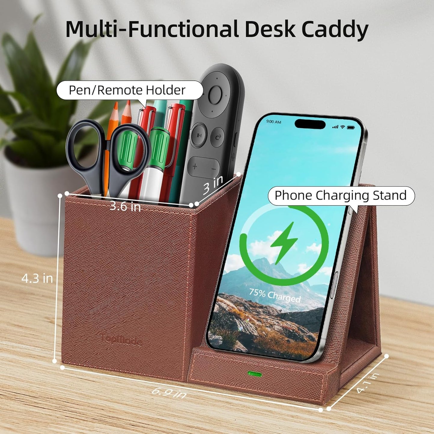 TopMade Wireless Charger with Pen Holder, Multi-functional Desktop Organizer and Storage, Home Office Supplies Desk Accessories, Pencil/Remote Holder with Fast Charging Phone Stand (Brown)