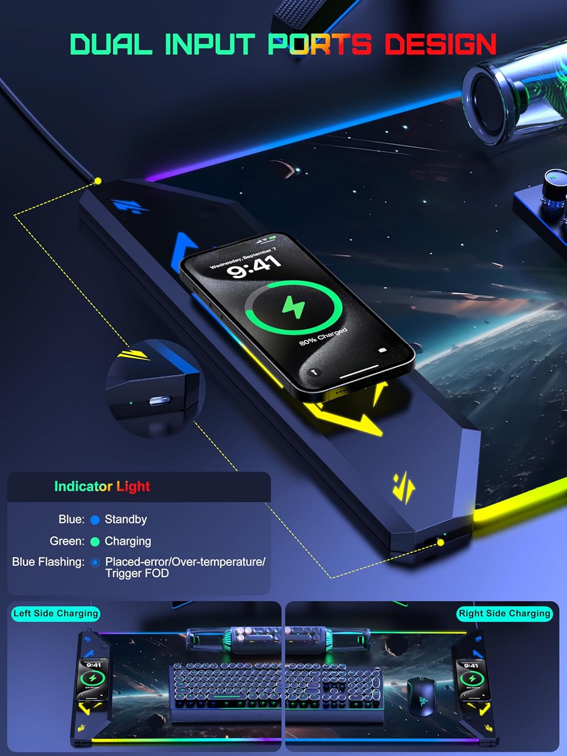 TopMade Wireless Charging Mouse Pad, RGB Gaming Mousepad, 35.4" x 15.8" Extra Large Waterproof Keyboard Desk Pad, Computer Desk Mat, Cosmic Planet (Includes 20W PD Power Adapter & 6.56ft Woven Cable)
