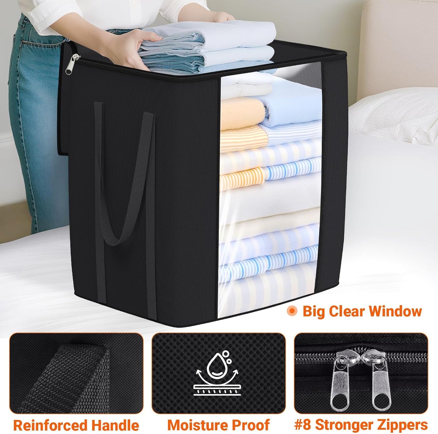 120L Extra Large Clothes Storage Bags, Foldable Blanket Storage and Organization, Thick Fabric Containers with Reinforced Handles & Zippers for Clothing, Comforters, Bedding, Black, 6 Pack