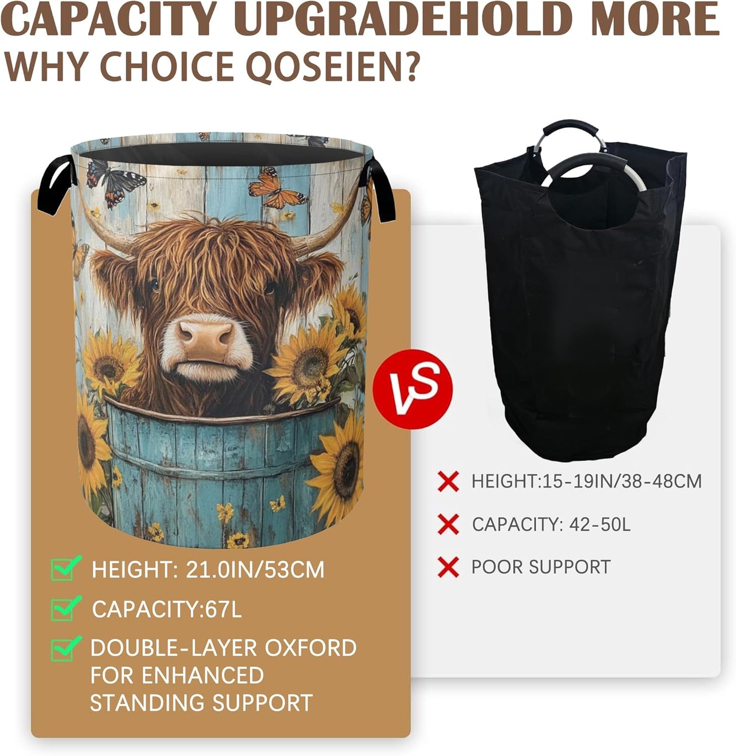 Large Laundry Basket,Highland Cow Collapsible Laundry Baskets,Sunflower Butterfly Waterproof Oxford Hamper with Handles for Bathroom Bedroom Nursery Home Storage 16"x20"