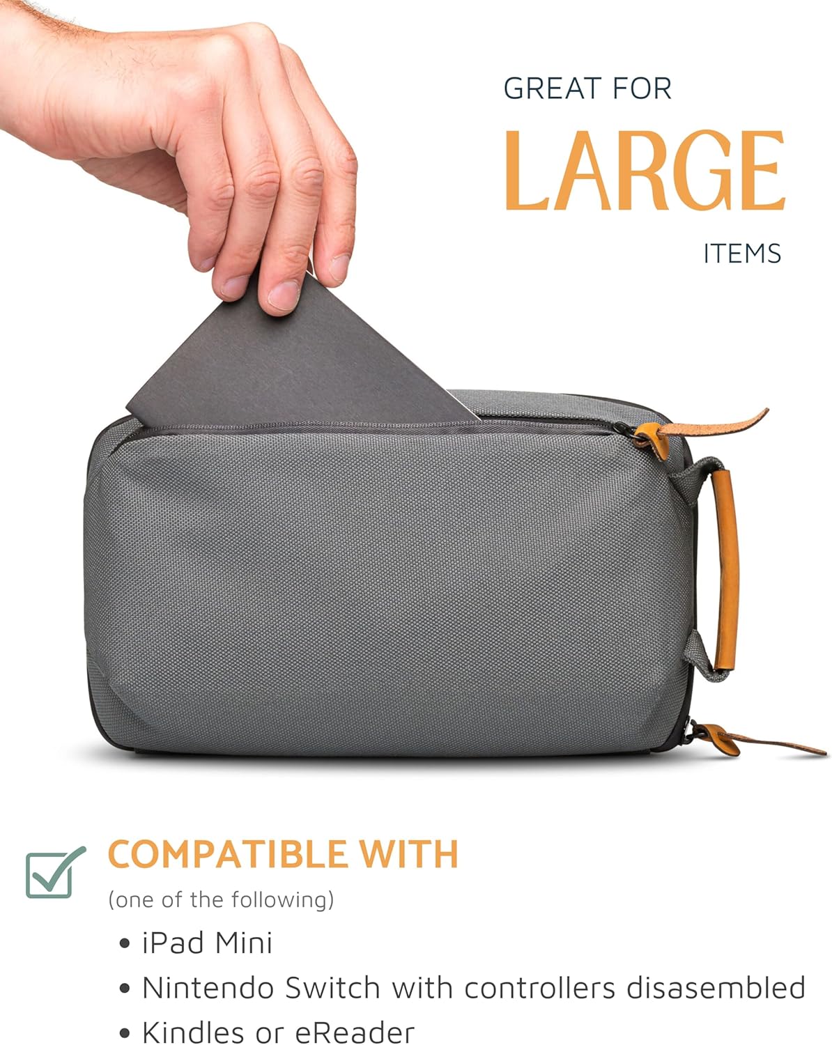 Tech Bag Organizer - Small Electronics Organizer Pouch for Travel - Premium Travel Case with Leather Accents - Mesh Pocket for Cables, Cords and Chargers (Grey)