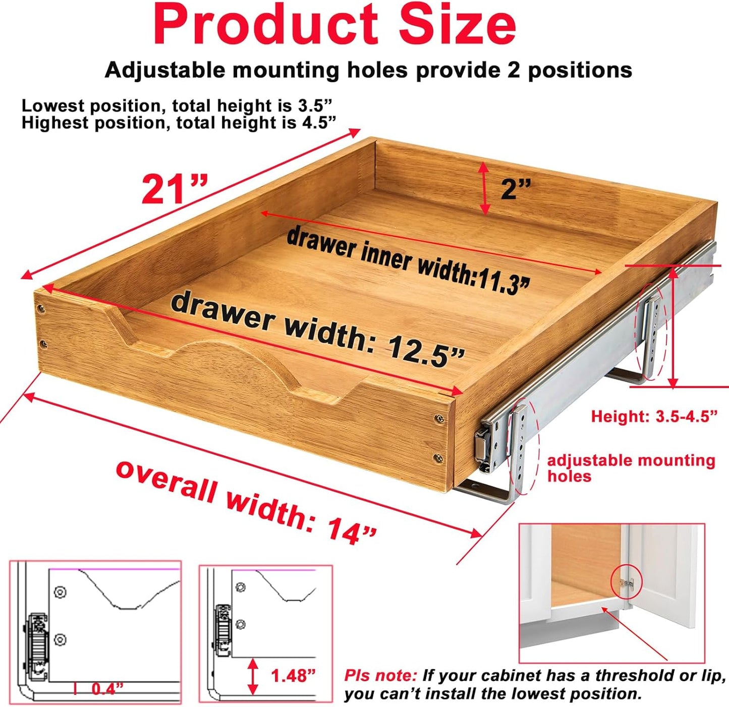 DINDON 1 Tier Pull Out Cabinet Organizer (14" W x 21" D) Single Tier Heavy Duty Sliding Wood Drawer Under Cabinet Shelf Organization Storage