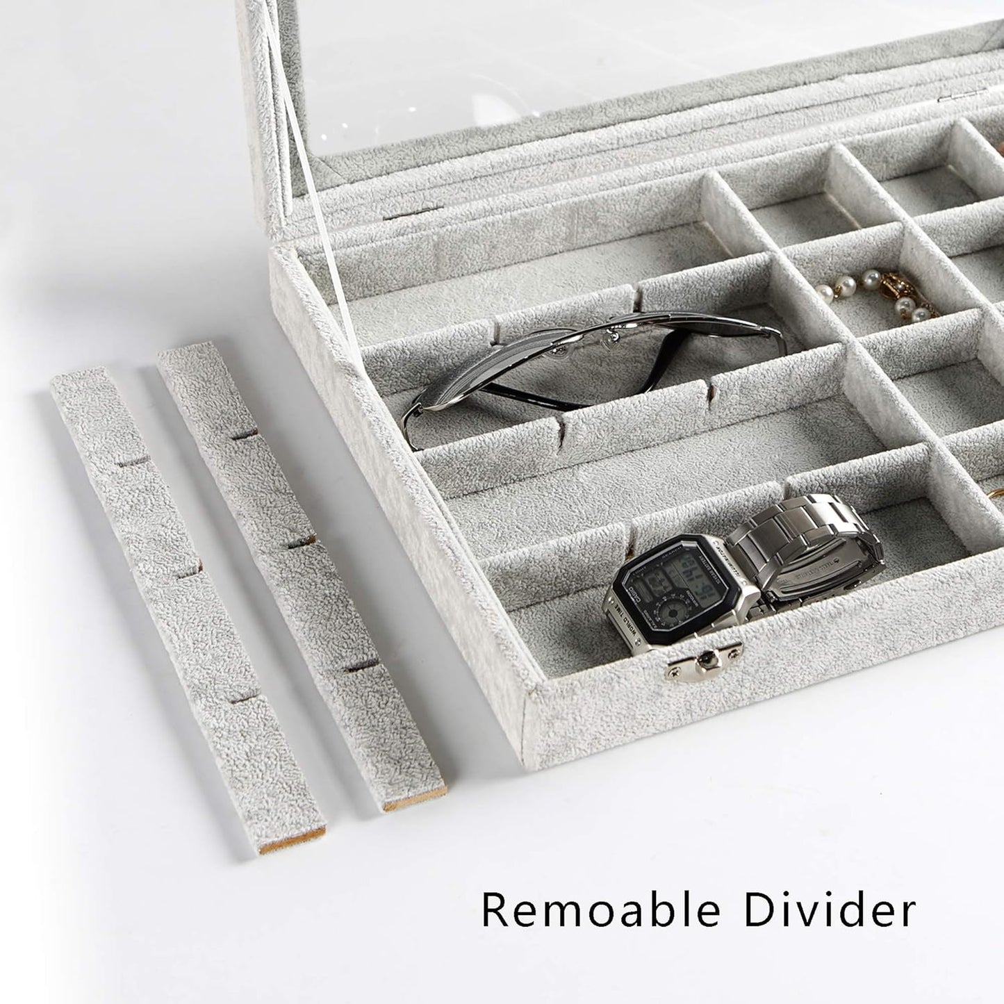 Frebeauty 24 Grid Earring Holder Organizer Tray, Jewelry Organizers and Storage for Drawer,Velvet Jewelry Display Storage for Earrings,Rings,Studs,10.5 x 6.5 x 1.2 Inches Gift for Women (Grey)