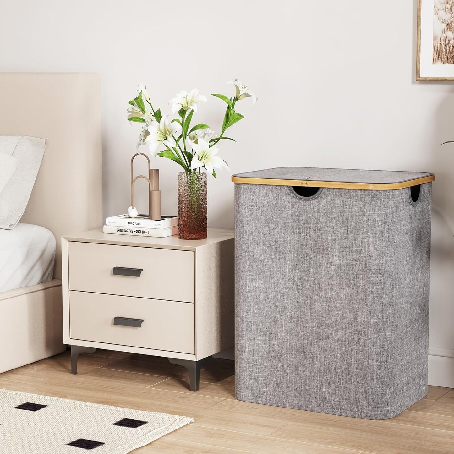 Lifewit 120L Large Laundry Hamper with Lid, Foldable 2 Section Laundry Basket with Bamboo Handles and Removable Bags for Laundry Room, Bathroom, Bedroom, Light Gray