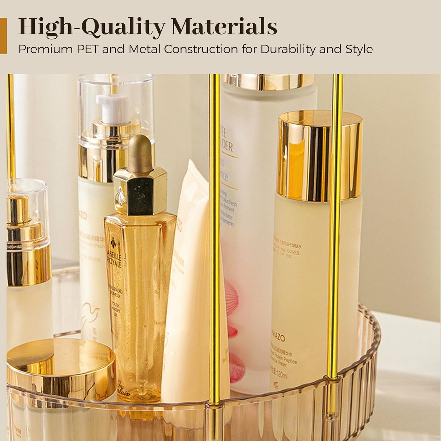Aveniee 360° Rotating Makeup Organizer for Vanity, Upagraded Perfume Skincare Bathroom Counter Organizers with Brush Divider, 3 Tier Spinning Lipstick Cosmetic Lotion Storage,Gold