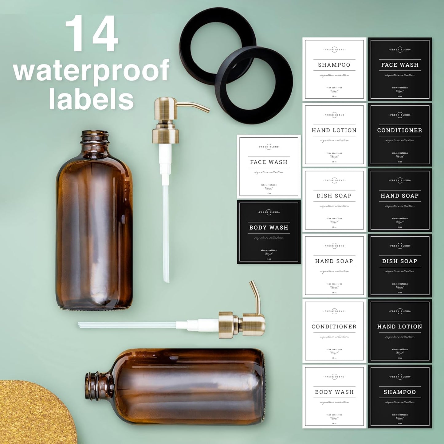 Vine Creations Amber Glass Soap Dispenser, 2 Pack Kitchen Soap Dispenser Set with Stainless Steel Pump, 16 oz Dish Soap and Hand Soap Dispensers for Bathroom with Waterproof Labels and Protective Pads