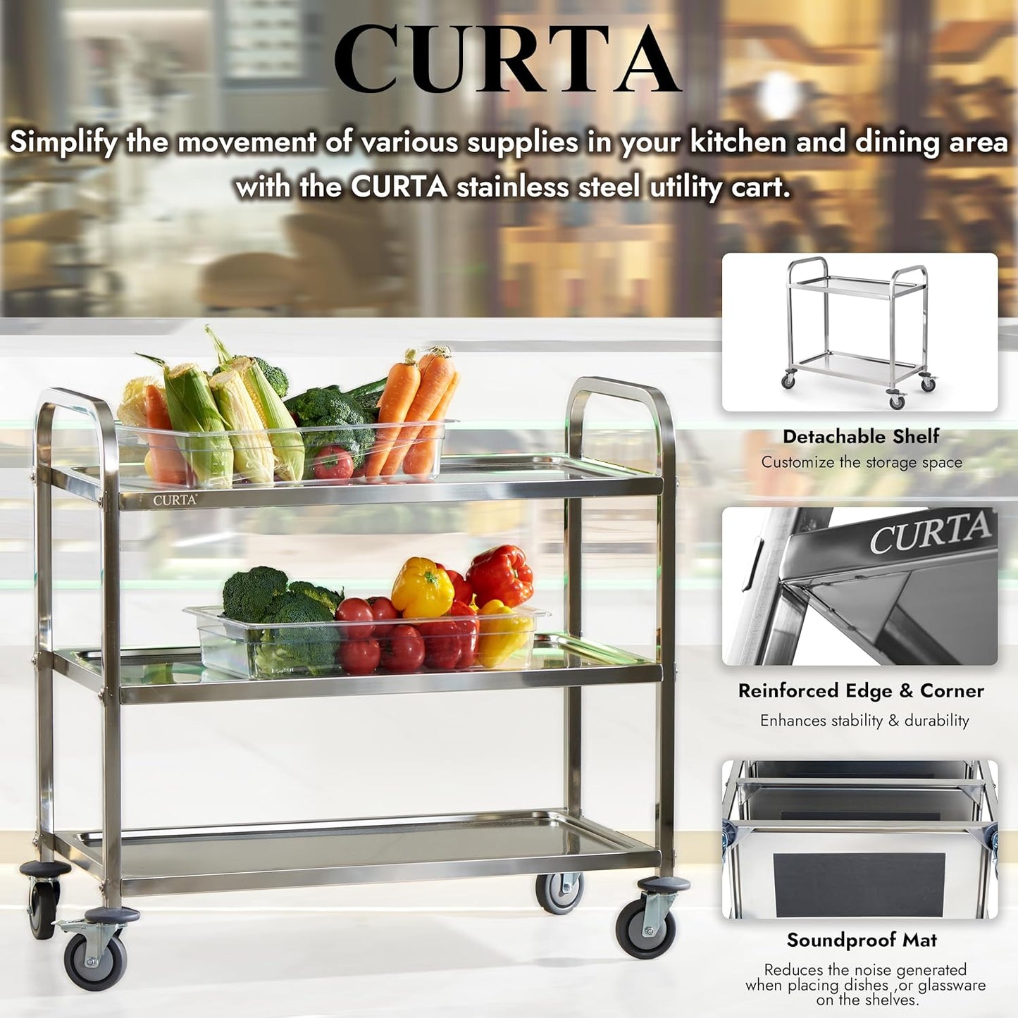 CURTA Stainless Steel Serving Trolley, 34" L x 18" W x 36" H 3 Tiered Shelf Kitchen Utility Cart, Rolling Casters Brake Wheel, Commercial Pro for Restaurant/Hotel/Lab/Clinic/Salon/Workshop