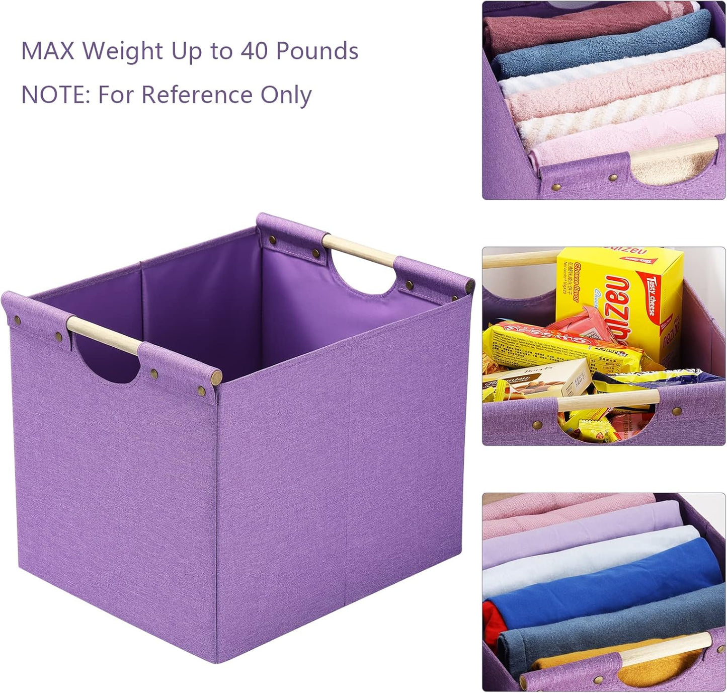 HOONEX Large Foldable Storage Bins, Linen Fabric, Pack of 2, Storage Baskets with Wooden Carry Handles and Sturdy Heavy Cardboard, for Home, Office, Car, Nursery, Purple