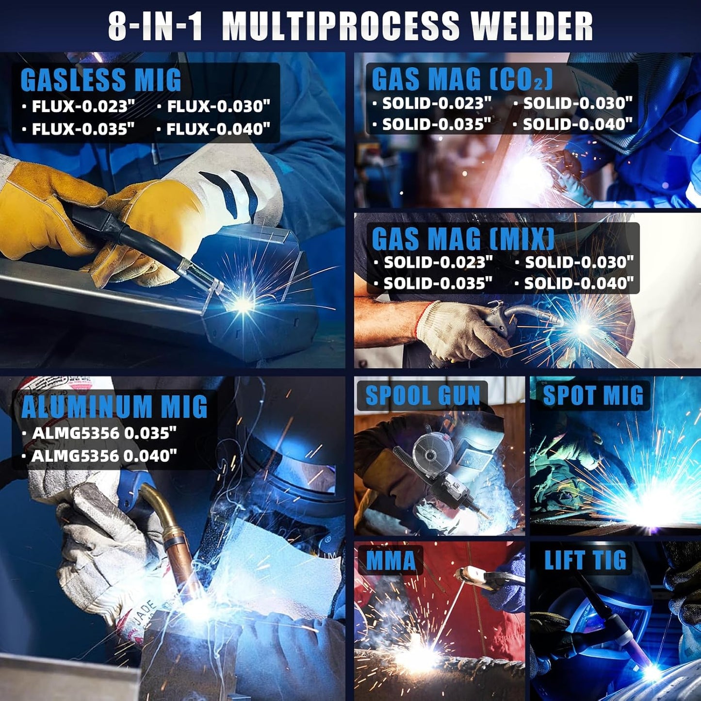 AZZUNO MIG Welder 110V/220V, 200A 8 in 1 Welder Machine Flux Core MIG/Gas MIG/MAG/Aluminum MIG/Spot MIG/Lift TIG/Stick Welding/Spool Gun Compatible, Multiprocess Welding Machine