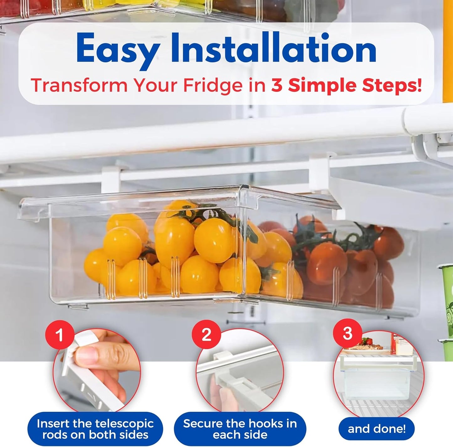 EVNE Refrigerator Drawers Fridge Drawer Organizer Fridge Organizer Drawers Small Size Refrigerator Shelf Pull Out Shelf Storage, Storage Egg Deli Cheese Meat 4 Liners Mats Included 15'' Max Size