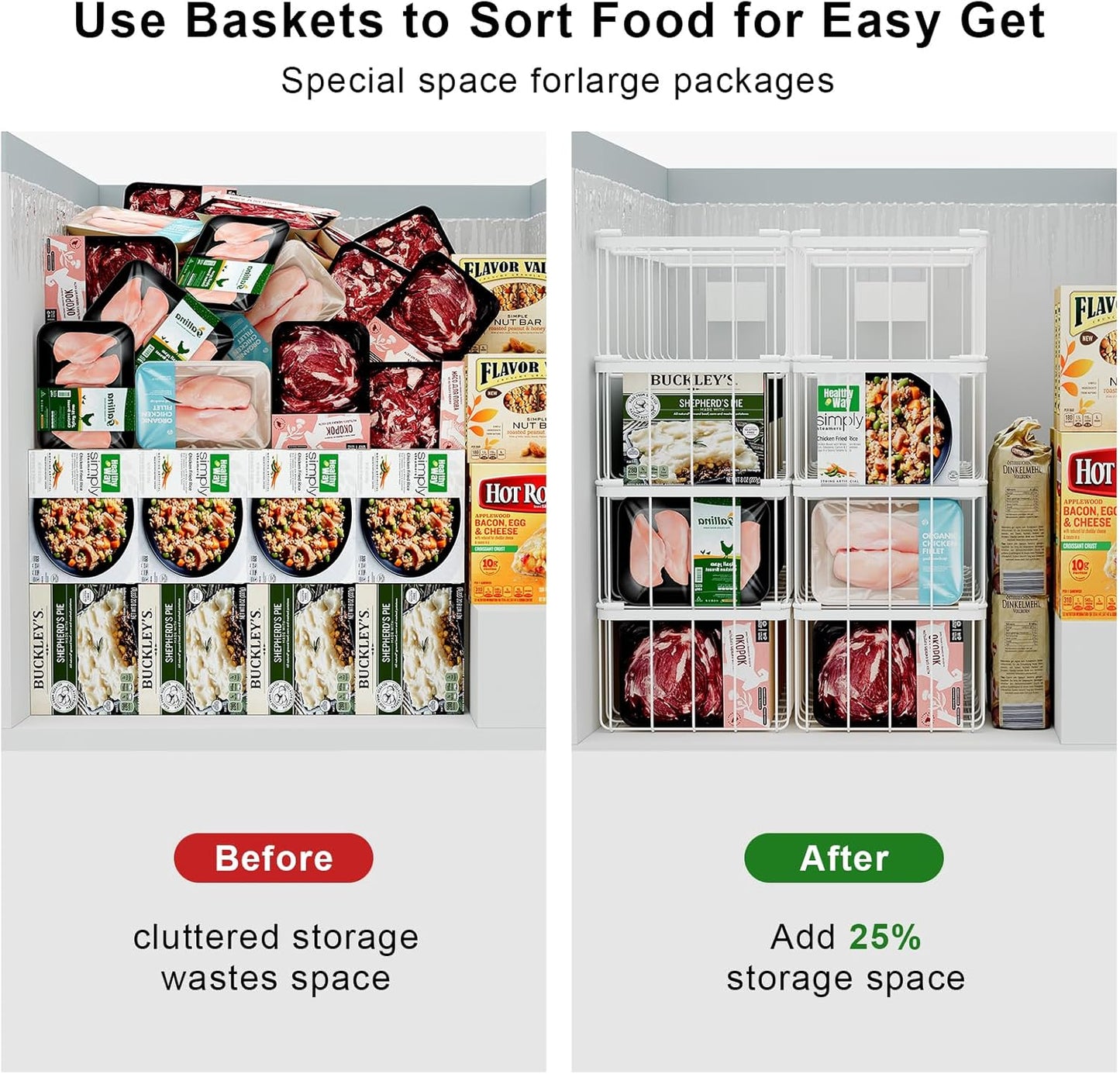 Chest Freezer Organizer Baskets With Tag, Stackable Freezer Organizer Bins for Most 7 Cu.FT Freezer Sort Frozen Meats, White, 4 Pack