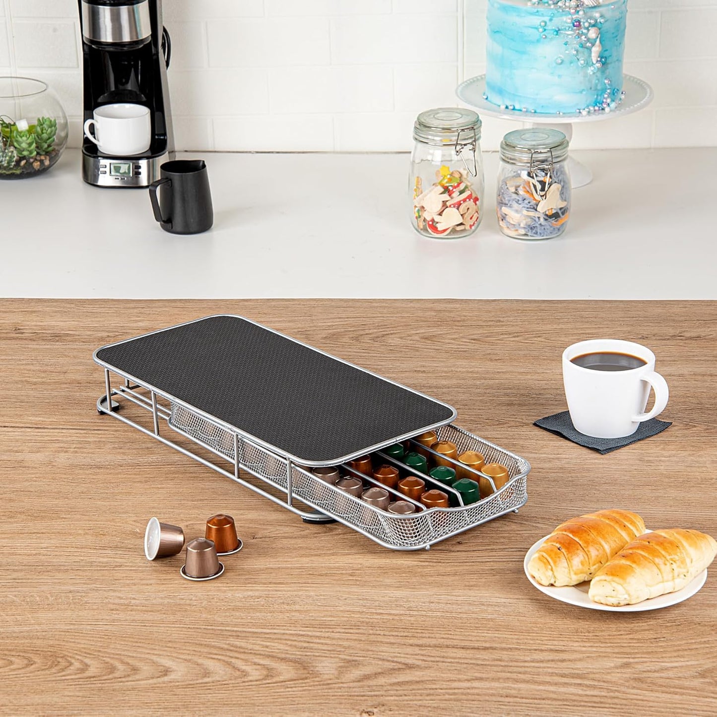Restaurantware Restpresso 14.8 x 7.3 x 2.4 Inch Coffee Capsule Drawer 1 Heavy-Duty Pod Drawer - Holds 40 Nespresso Capsules Grip Top Iron Espresso Pod Organizer Mesh Tray Pods Not Included