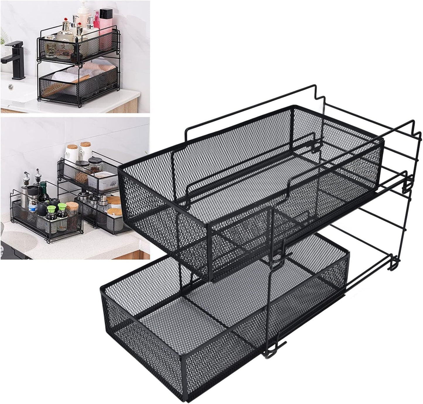 Cupboard Organiser, 2 Tier Under Sink Storage Organiser, Kitchen Storage Drawer Basket Rack Multilayer Kitchen Shelf Sliding Under Sink Drawer