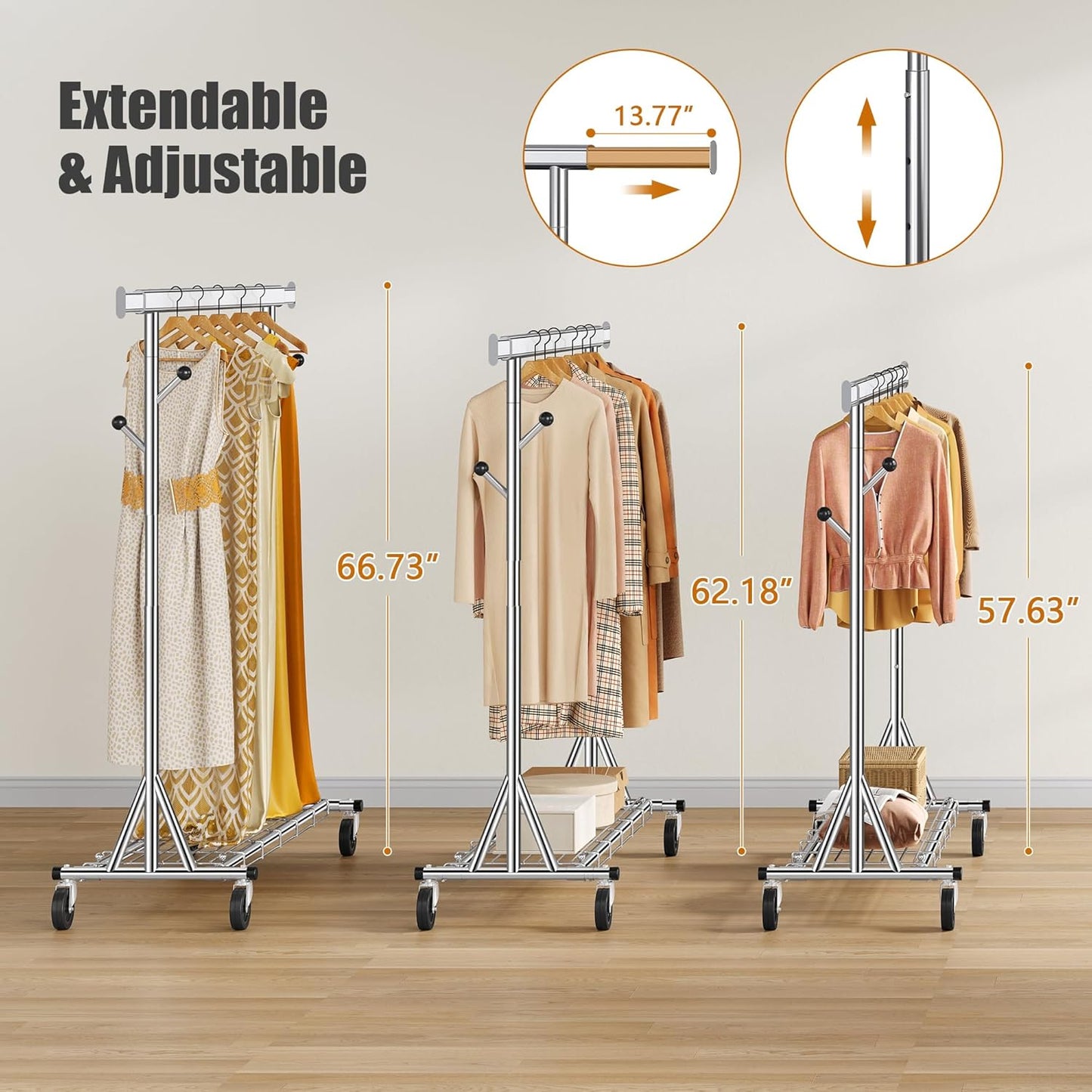 Heavy Duty Clothes Rack Load 530 lbs, Metal Rolling Clothing Rack With Sturdy Wheel And Shelves, Adjustable Portable Hanging Garment Rack For Clothes,Chrome Stainless Steel