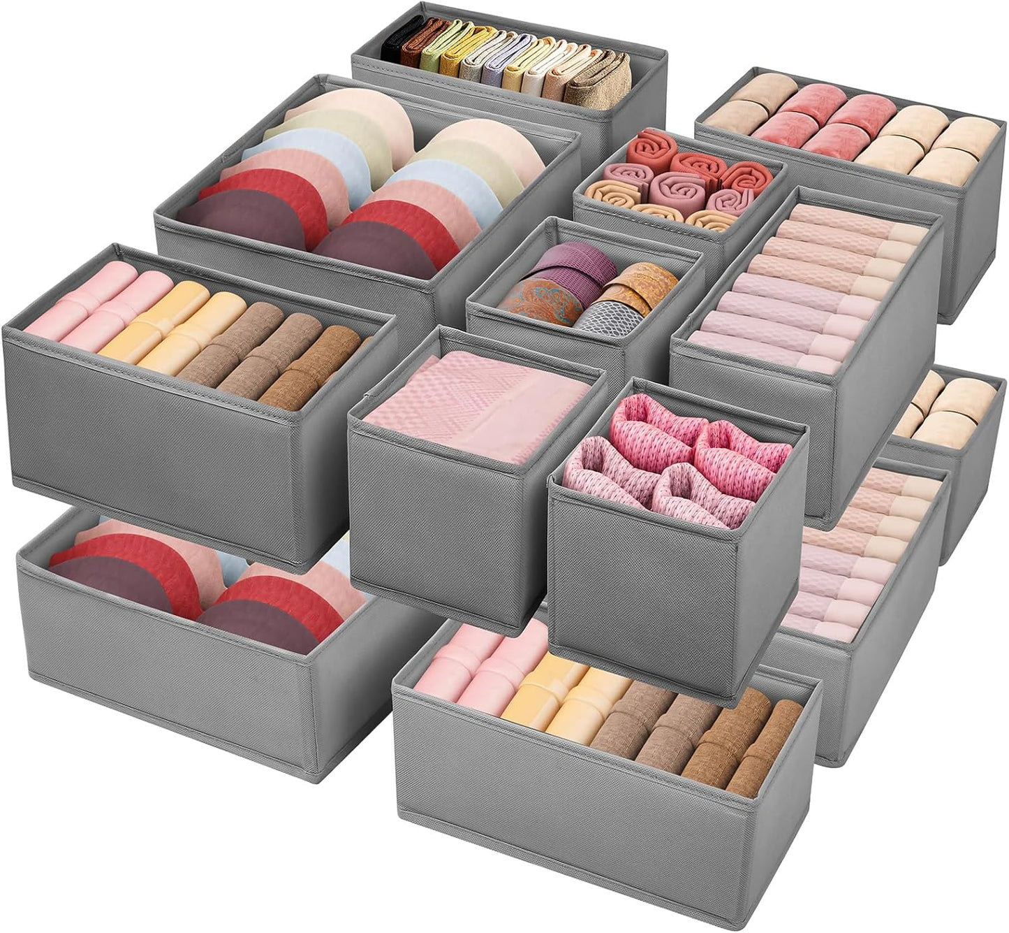Drawer Clothing Organizer 16-Pack, Grey 3 Sizes Underwear Drawer Dividers, Fabric Folding Wardrobe Organizer, Can Store Baby Clothes, Bras, Underwear, Panties, Belts, Socks, Ties, etc.