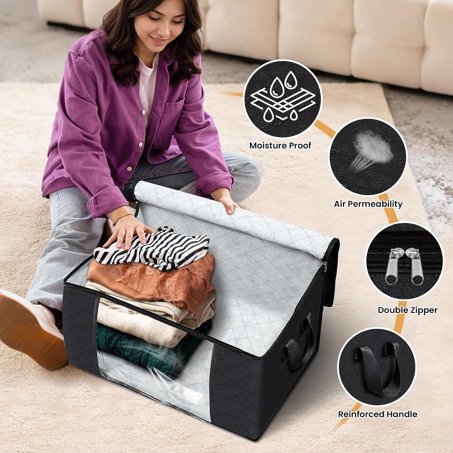 Fab totes Storage Bags,Clothes Blanket Storage Bins Foldable Closet Organizers with Reinforced Handle for Home Dorm Storage and Organization,Fabric Bags for Organizing Sheets,Clothing (Black,6 Pack)