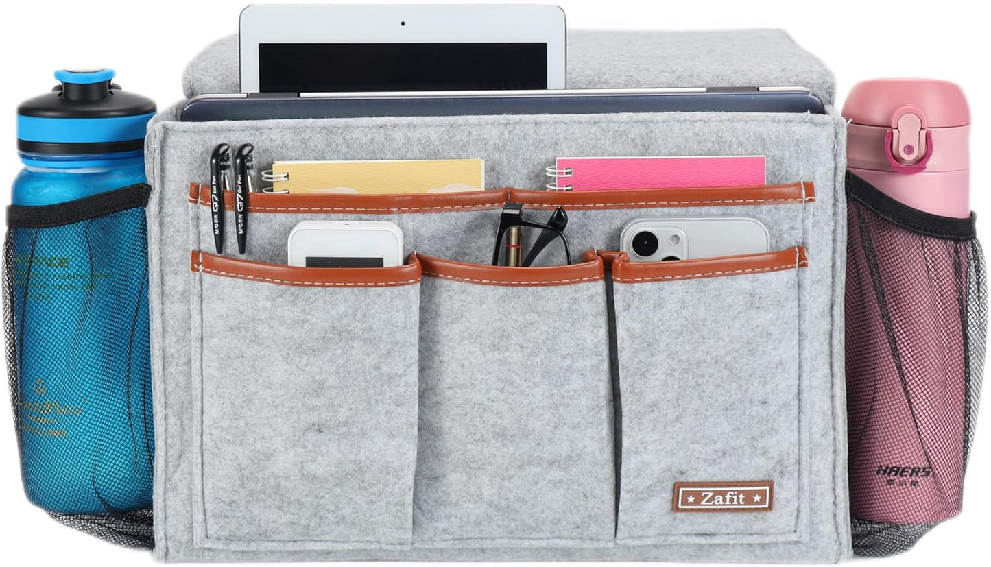 Bedside Caddy, Large Size Bedside Storage Organizer Bedside Organizer Caddy for Magazine Remotes Phone (13.4'' x 18.1'' Plus Size, Light Grey)