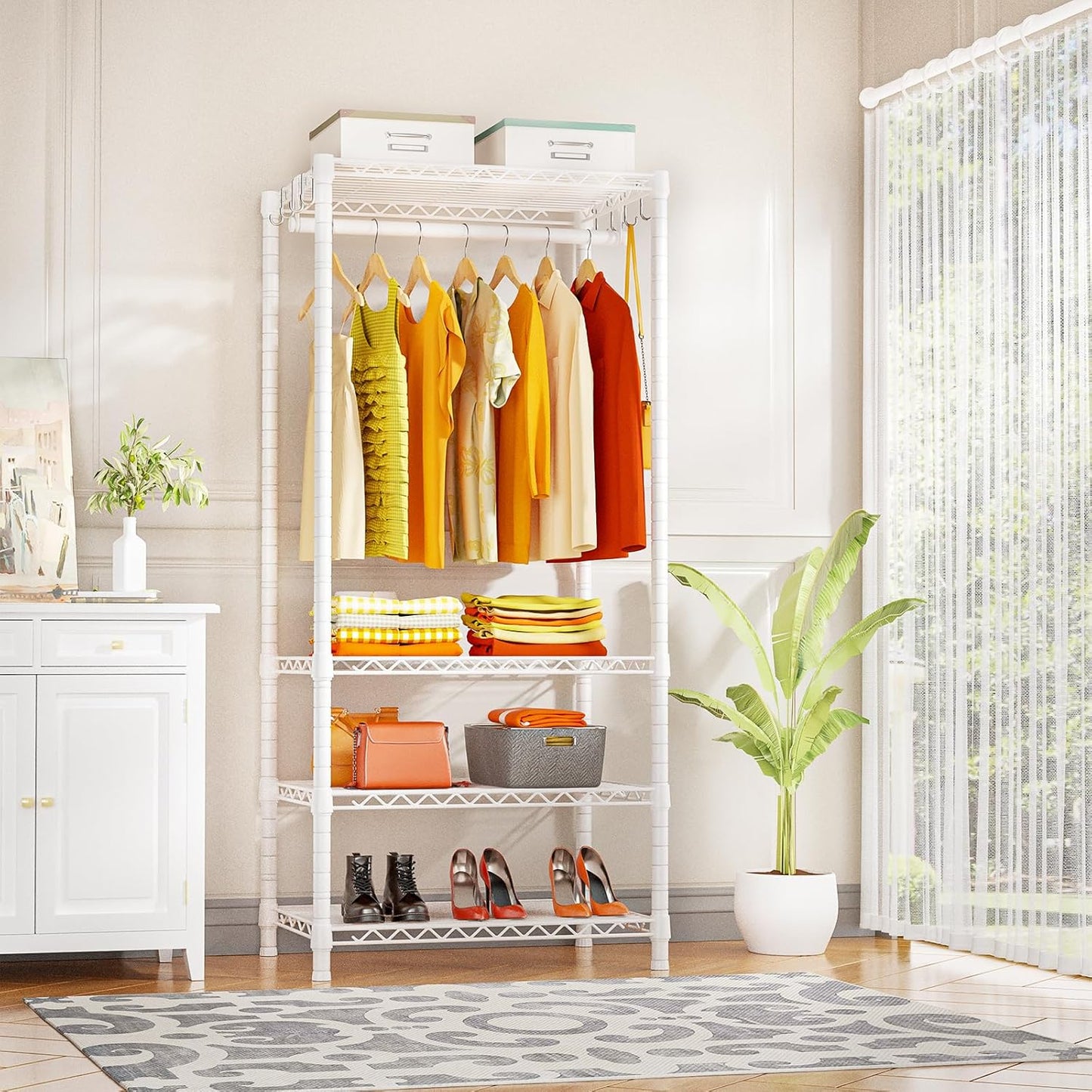 Ulif H4 Mini Portable Closet, 4 Tiers Freestanding Clothing Garment Rack for Small Space, Metal Clothes Wardrobe System for Bedroom, 23.6" W x 14" D x 76.4" H, Load 502 lbs, White