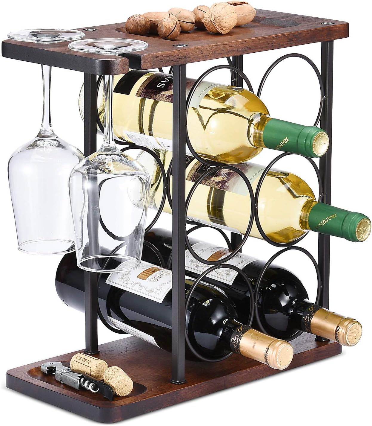 ALLCENER Wine Rack with Glass Holder, Countertop Wine Rack, Wooden Wine Holder with Tray, Perfect for Home Decor & Kitchen Storage Rack etc (Hold 6 Bottles and 2 Glasses)