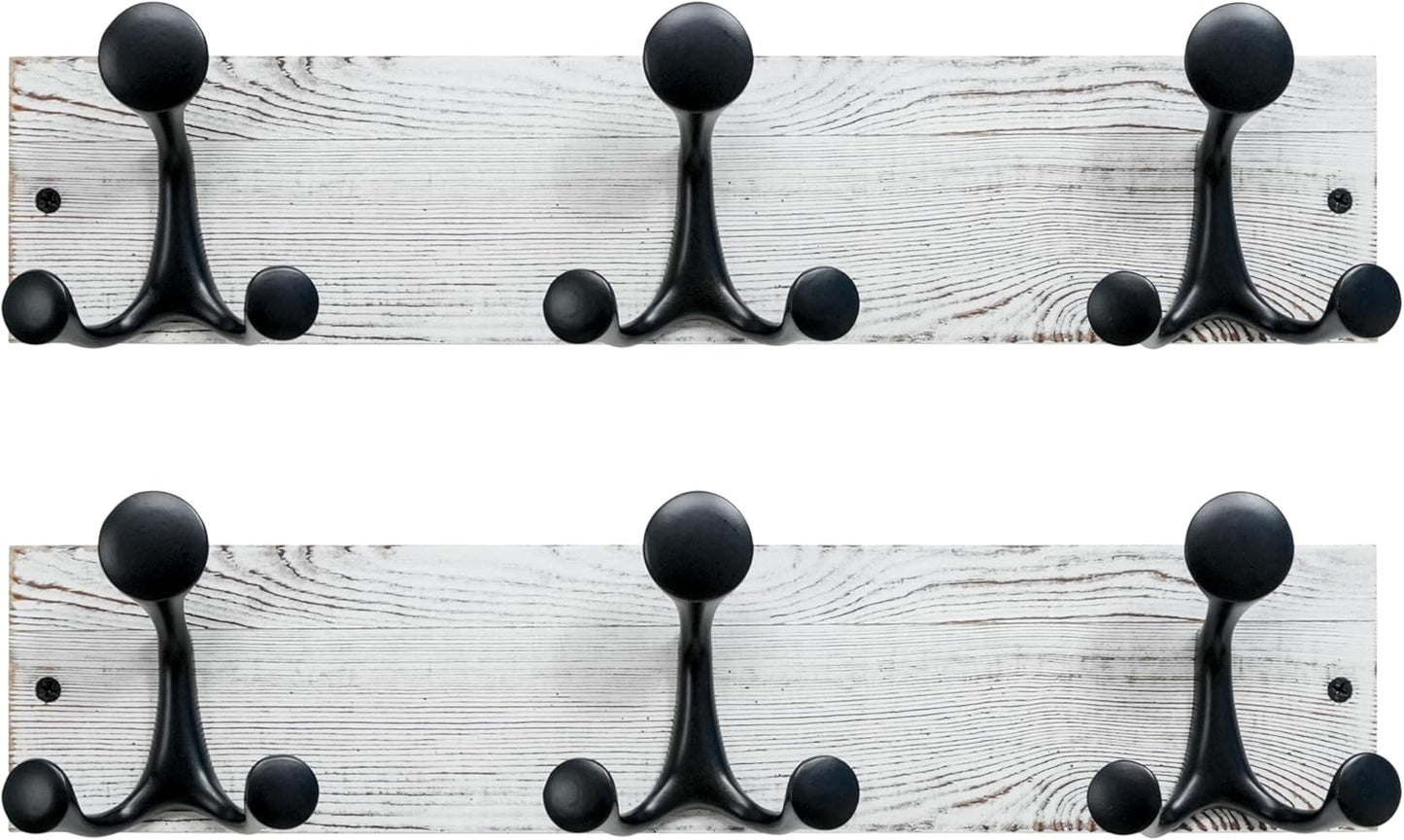 SKOLOO 17-Inch Wood Coat Rack Wall Mount with 3 Triple Hooks - Ideal for Family Entrances, Classrooms, and Pet Supplies Storage - Perfect Coat Hooks for Wall,Distressed White Wash, Pack of 2