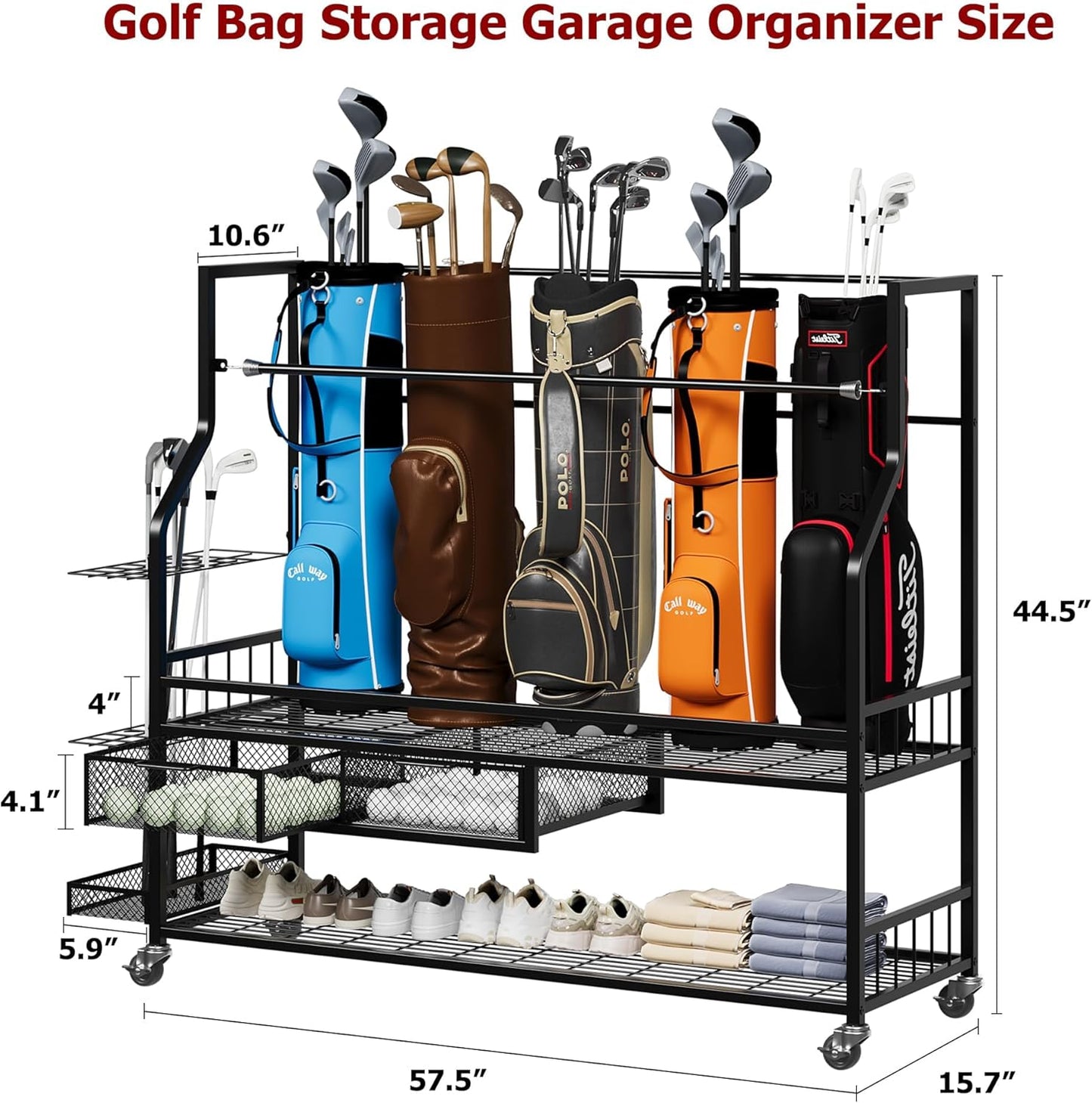 Garvee 4-5 Bags Stand Golf Organizer Rack with Wheels-Large Golf Bag Storage Organizer for Garage,Golfs Club and Home