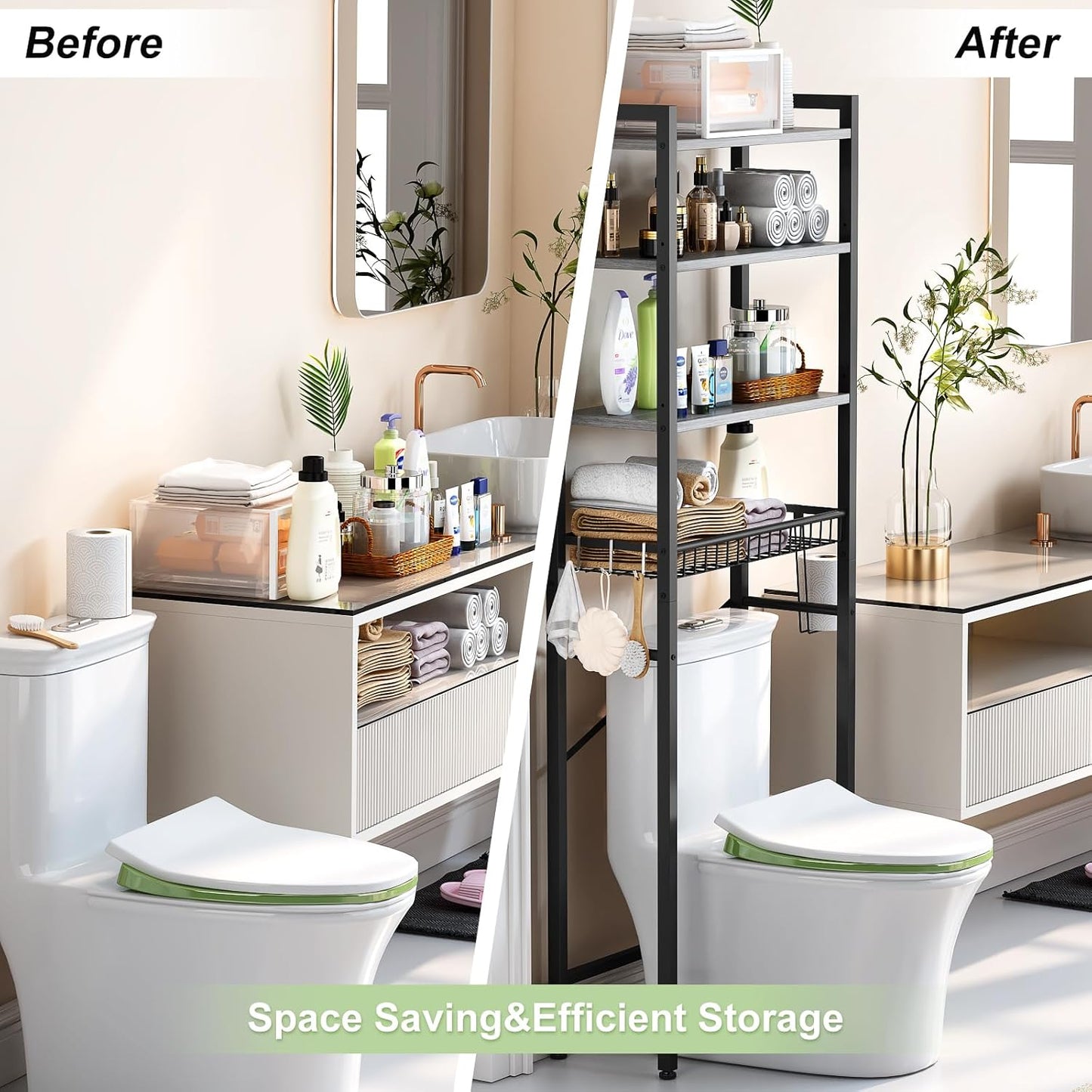 Over-The-Toilet Storage Rack, 4-Tier Bathroom Organizer Shelf Over Toilet with Adjustable Shelf and Basket, Freestanding Space Saver Bathroom Shelves Above Toilet for Room (Pure Gray)